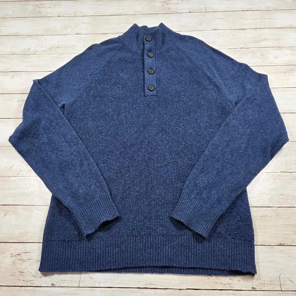 Banana Republic Waffle Knit Mock Neck Sweater Mens L Blue Button Henley Raglan